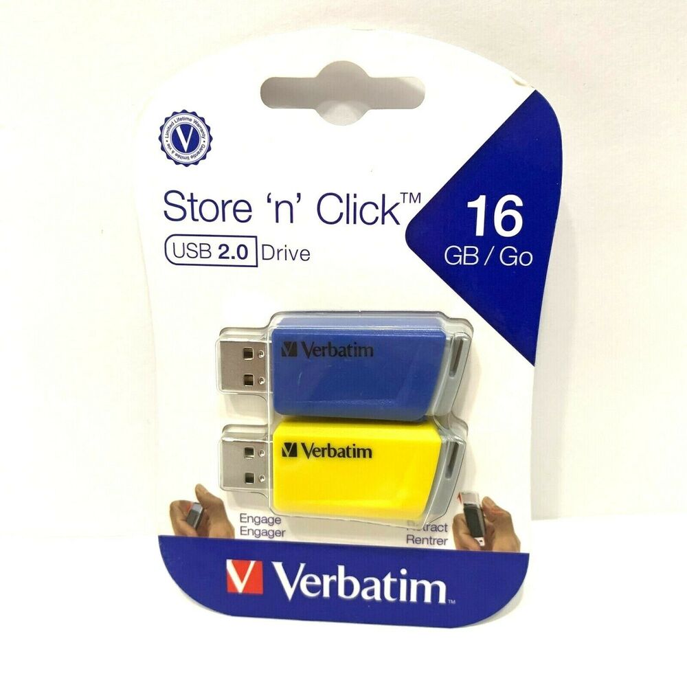 Verbatim 2 Pack 16GB Store ‘n’ Click USB Flash Drive Blue and Yellow New Sealed